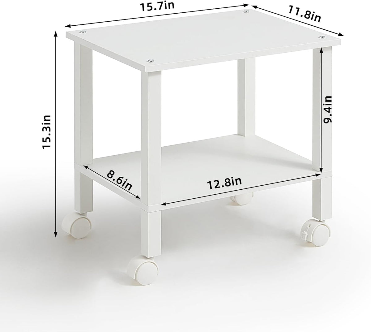 2 Tier Printer Stand with Storage,Under Desk Shelf Printer Table, Rolling Printer Cart for Office,Home,White