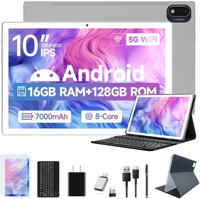 ANTEMPER Latest Android Tablet 10.1 Inch, 5G WiFi Tablets Mit 16GB RAM+128GB ROM(1TB TF),2 in 1 Tablet with Keyboard Mouse Pen-Octa-Core2.0Ghz | 7000mAh | 1080FHD | 13MP Camera | WLAN GPS -Silvery