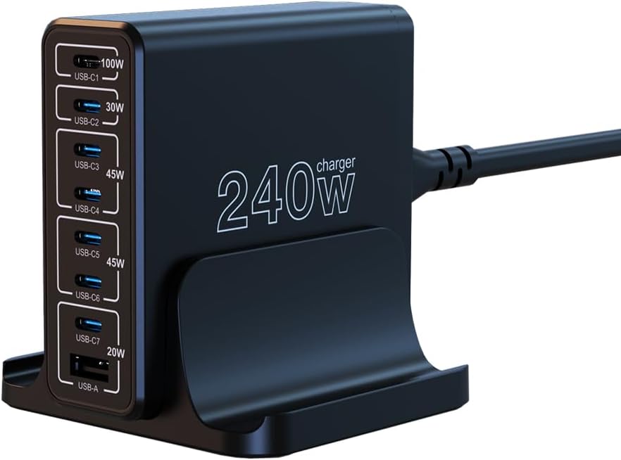 URVNS 240W USB C Charger, 8-Ports Compact GaN PD 100W PPS 45W QC20W Multiport Fast Charging Station for MacBook Laptop, iPhone 16 15 Pro Max, iPad, Galaxy S24 S22, Pixel and More