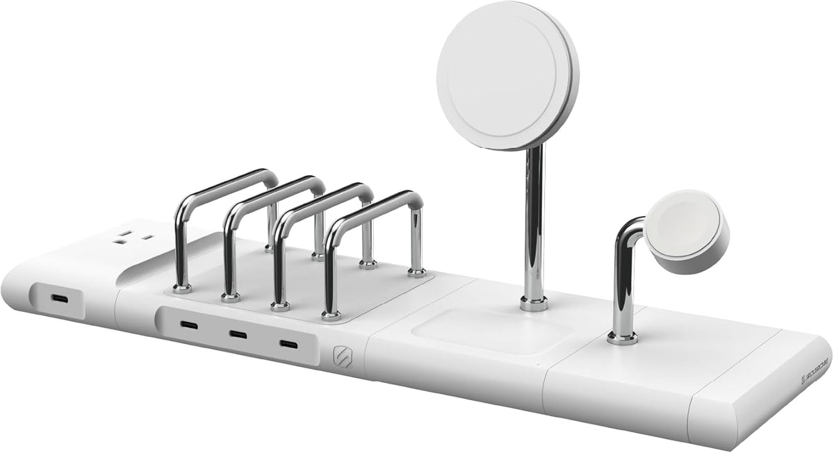 Scosche BaseLynx 2.0 Pro Modular Charging Station: MagSafe Wireless Stand for iPhone, AirPods Charging Pad, Multi Device Phone Charger, Apple Watch Charger & Powered End Cap AC Outlet with USB-C Port