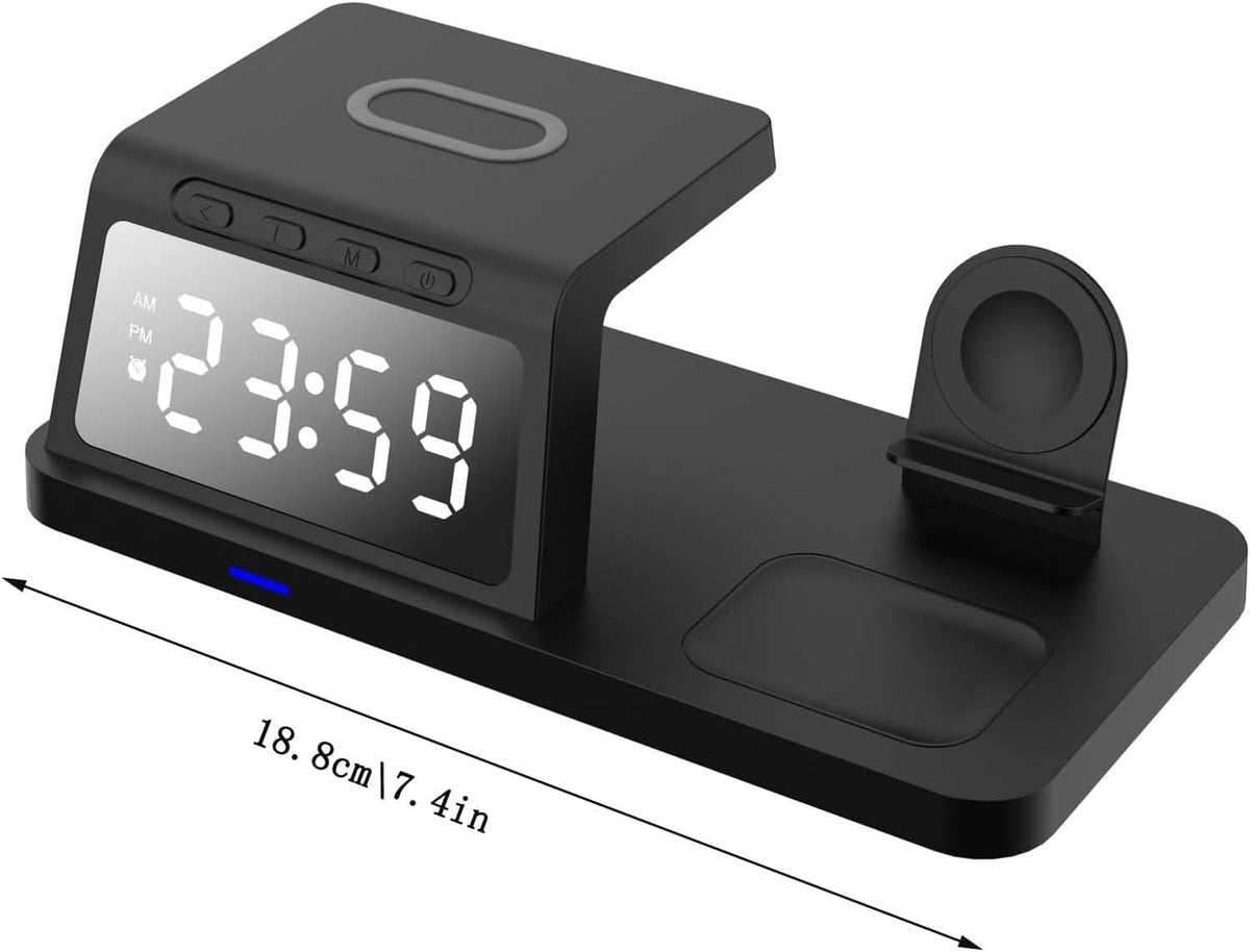 4-in-1 Wireless Charging Station with Clock Display, Compatible with iPhone, Apple Watch, AirPods, Black