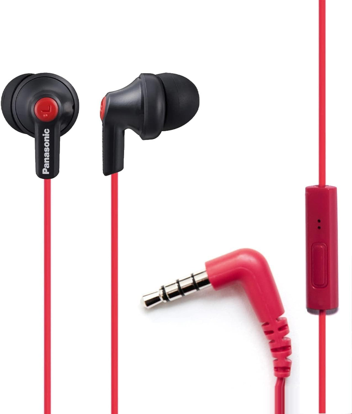 Panasonic ErgoFit Wired Earbuds With Microphone, 3.5mm Jack Headphones with Mic and Call Controller, Ergonomic Custom-Fit Earpieces (S/M/L), for Phones and Laptops - RP-TCM125-KB (Matte Black/Red)