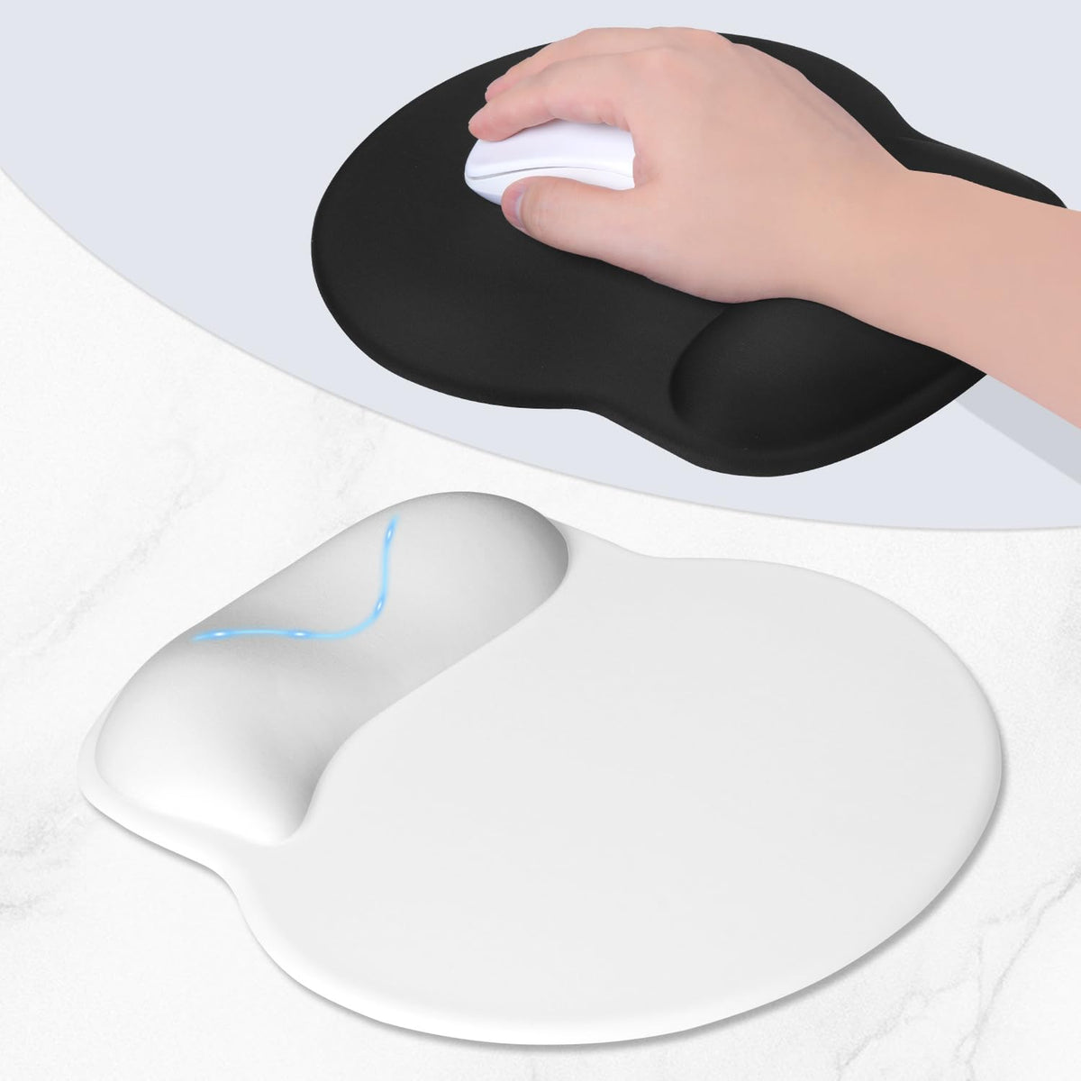 ITNRSIIET Ergonomic Mouse Pad with Wider Memory Foam Wrist Rest +17% - Curved Cushion Reduces Pressure 20%, Pain Relief, Non-Slip, Smooth, Cute Colors, 9.85 x 9 in, White