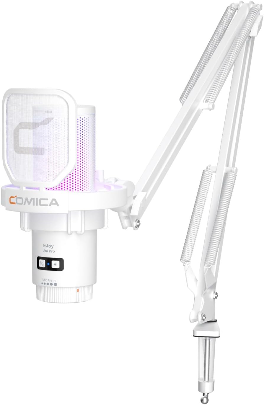 COMICA Wireless USB Microphone for Computer and Smartphone,48kHz/24bit RGB Cardioid Condenser Gaming Mic for Podcasting,Streaming,Recording,Music Creation,with Boom Arm Stand-White (EJoy Uni Pro A)