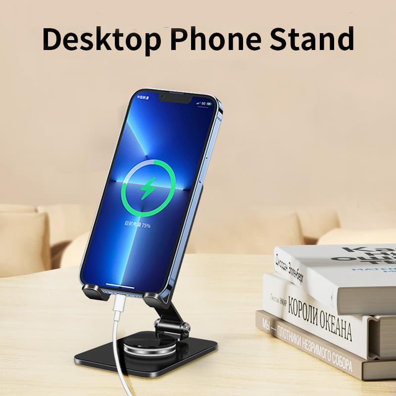 Adjustable Phone Stand with 360 Rotating Base Portable Foldable Carbon Steel Material Desktop Cellphone Stand Fits All Smart Phones-Black