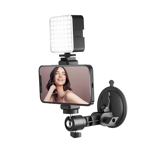 LenTok Suction Cup Mirror Phone Holder with Light, Travel Wall Phone Camera Mount for Makeup Content Creator Essentials, Mirror Tripod for Bathroom