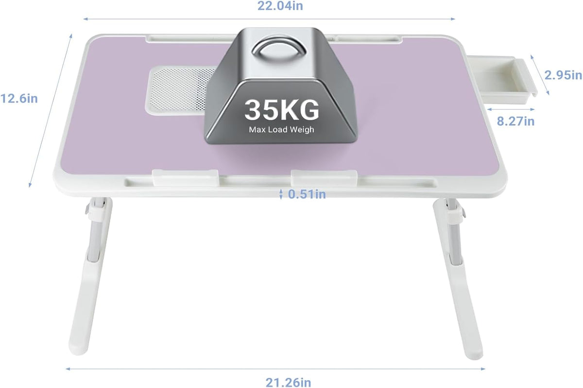 Laptop Lap Desk Include Cooling Fan,Adjustable Lap Desk with Light Fan,Folding Laptop Desk for Bed with USB,Bed Desk with Storage Drawer 56x32cm,Purple
