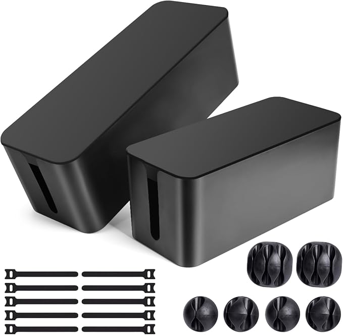 Cable Management Box, 2 Pack Large & Medium Cable Organizer Box with 17 PCS Cable Management Set, Cord Organizer Box to Hide Surge Protector on Desk or Floor (Black)