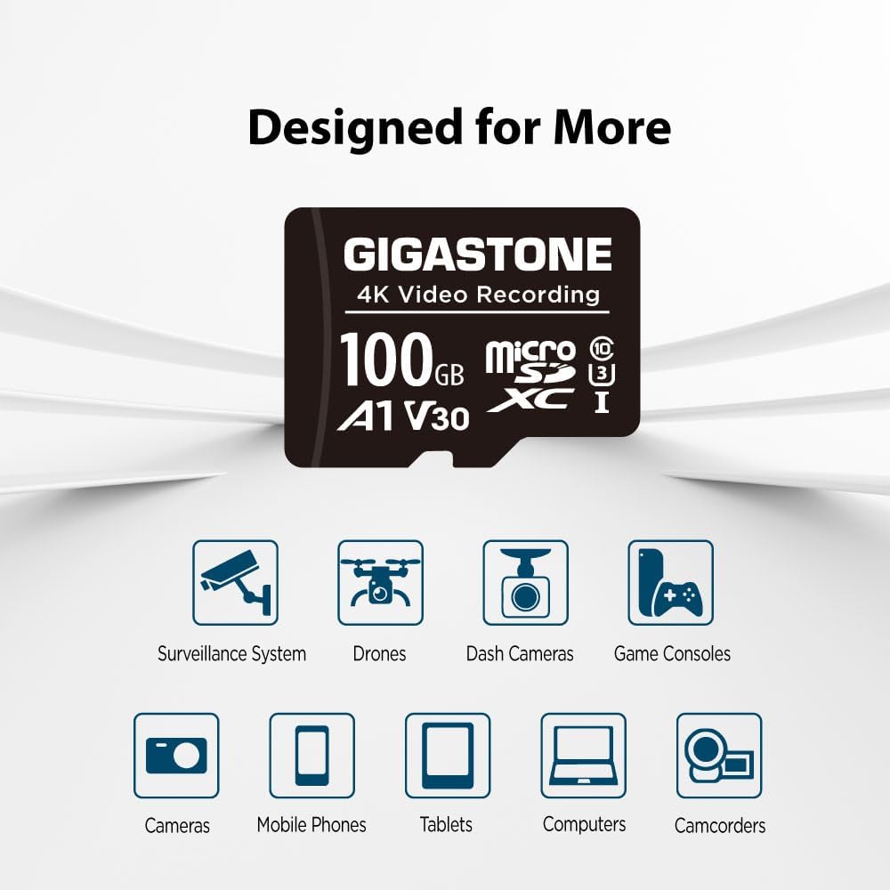 Gigastone 100GB A1 V30 4K 100MB/s Micro SD Card, Video Recording, Compatible with Security Camera, Dash Cam, Drone