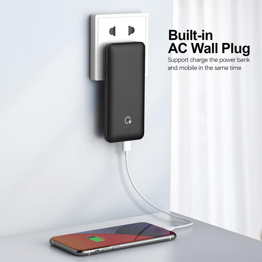 Q 10000mAh Power Bank, Slim Portable Charger,4 Output External Battery Pack with Built-in AC Wall Plug Micro USB C 3 Cables Compatible with iPhone Samsung Android Phone Tablet and More