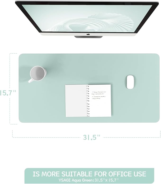 YSAGi Non-Slip Leather Desk Pad, Waterproof Laptop Computer Desk Keyboard Mat, Table Protector Blotter Mat, Large Mouse Pad for Office/Work/Home/Decor(Mint Green, 31.5" x 15.7")