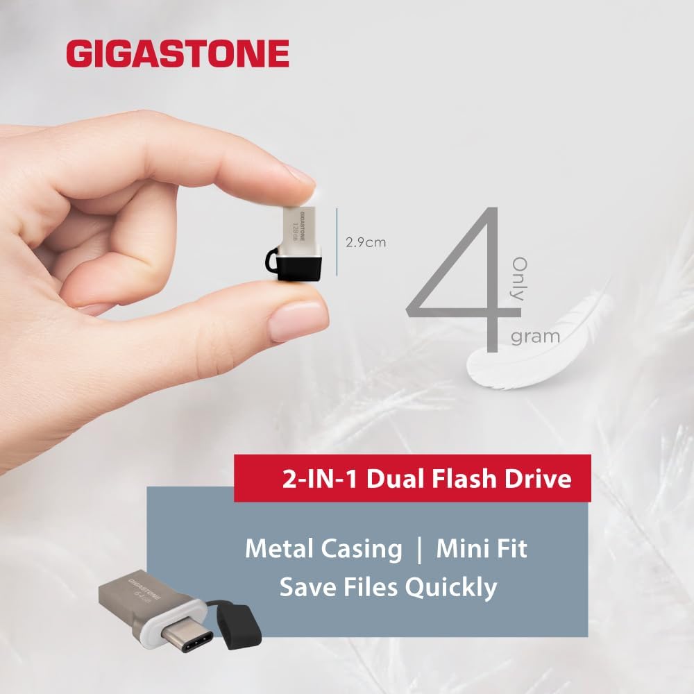 GIGASTONE 64GB Nano Luxus Dual Drive, Z50 USB 3.2 Gen 1, 2-in-1 USB-A & Type-C, 100MB/s Ultra Fast, Cap Design, Metal, Plug & Play for Smartphone/PC/Mac/TV/Car, 2.0/3.0/3.1 Compatible