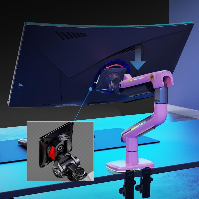 Gaming Monitor Arm for Flat/Ultrawide/Curved Monitors 32 to 60 inch, Heavy Duty Monitor Stand Load up to 20 kg, VESA 75/100 mm Mount (Fantasy Pink)