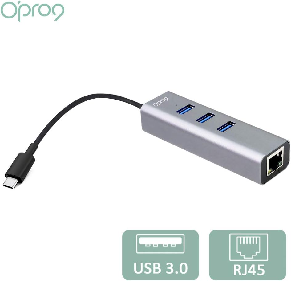 Opro9 4-in-1 USB C to Ethernet Hub, USB OTG Network Adapter, 3xUSB 3.0, Thunderbolt 3, with 10/100/1000 Mpbs RJ45 Gigabit Ethernet LAN Network, Adapter Converter for Mac/Windows/OS/Linux and More