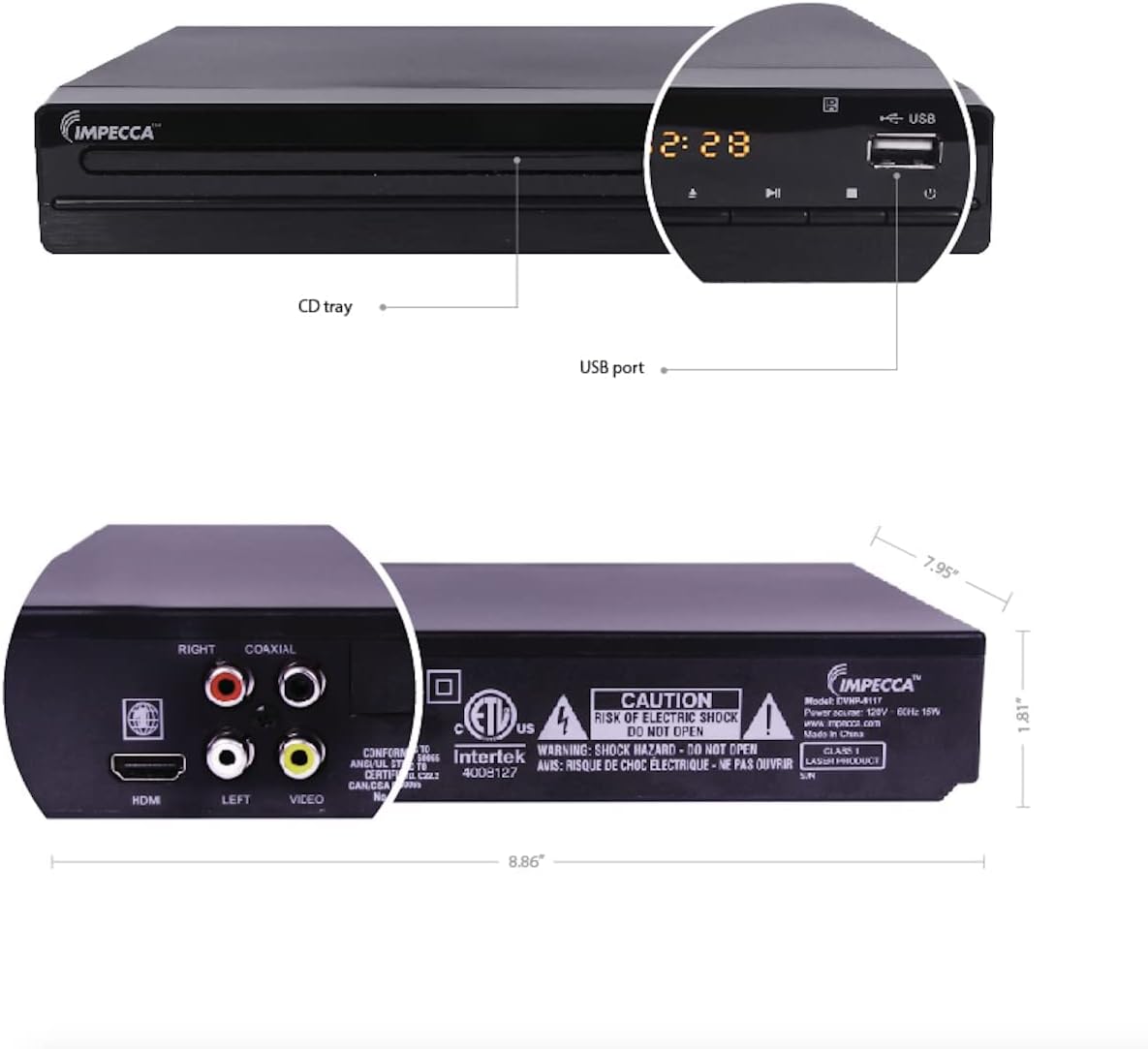 Impecca MP3 1080P, 2.0 100-240V DVHP9117 DVD Player for TV Multi-Region HDMI, RCA AV Cable, USB, CD Playback