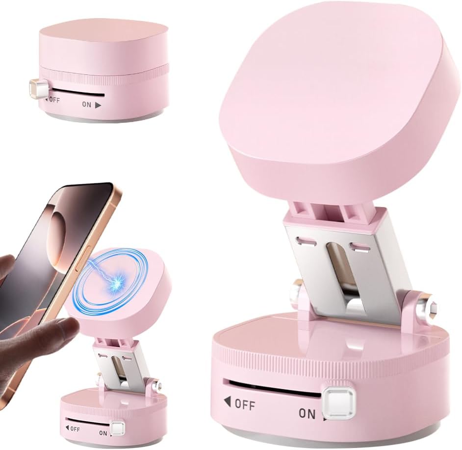 360° Adjustable Vacuum Magnetic Phone Holder, Foldable Magnetic Car Phone Holder for Your Car, Hands-Free Suction Cup Phone Mount for Car/Gym/Mirror/Smooth Surface for iPhone & Android (Pink)