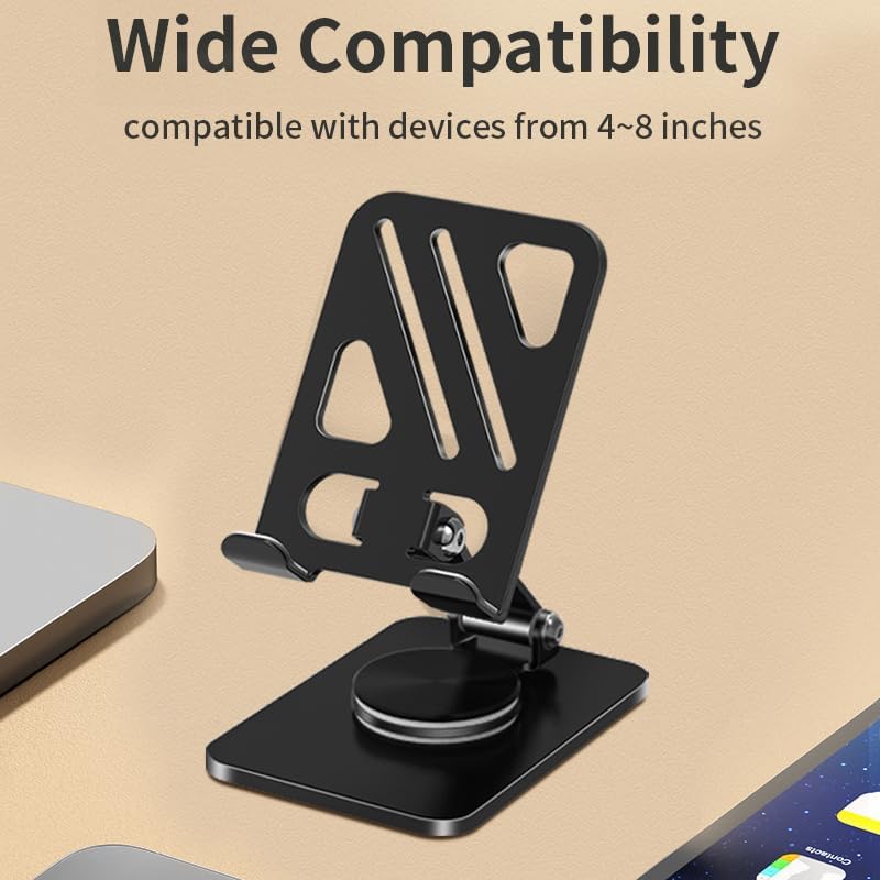 Adjustable Phone Stand with 360 Rotating Base Portable Foldable Carbon Steel Material Desktop Cellphone Stand Fits All Smart Phones-Black
