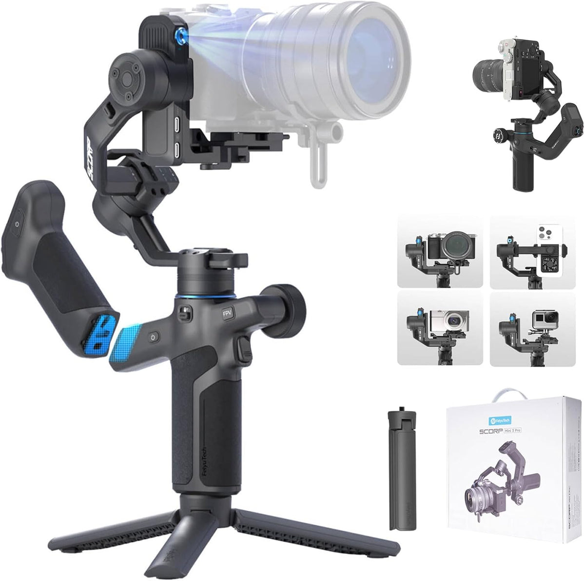 FeiyuTech SCORP Mini-3-Pro Gimbal Stabilizer for Camera Mirrorless/Compact/Action Cameras,Smartphone,18m AI Tracking,Detachable Remote Handle,4.4lbs Payload,3-axis Gimbal for Canon Sony Nikon