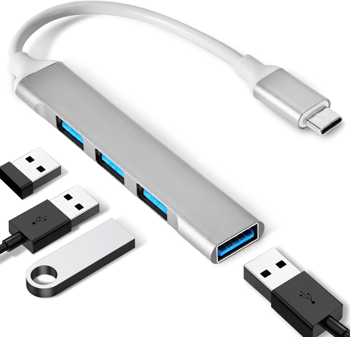 4 Ports USB C to USB Hub, Aluminum Type C to USB A 3.0 Adapter, Plug and Play USB Extender for MacBook Pro/Air, Laptop, Keyboard and Mouse