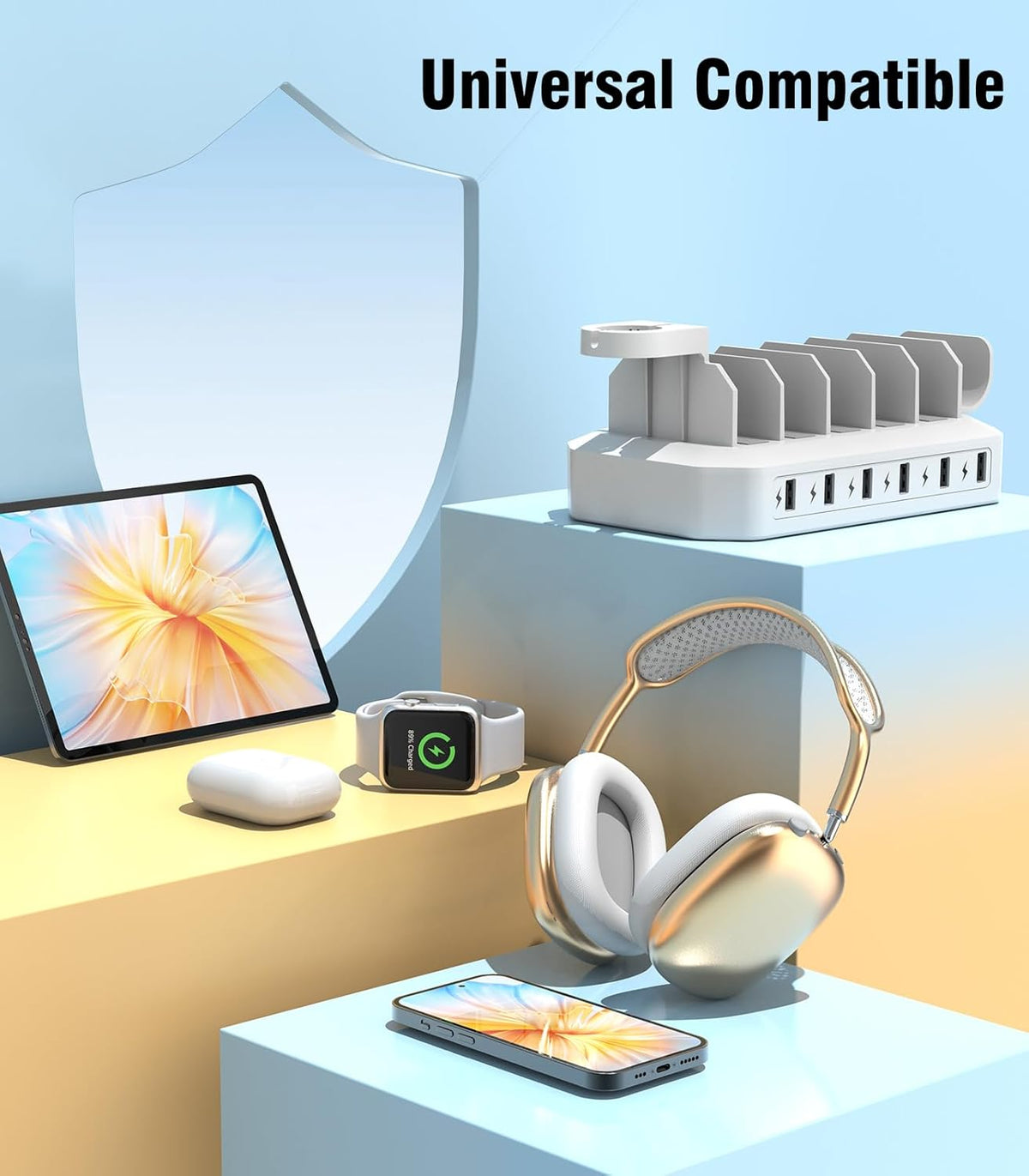 𝟐𝟎𝟐𝟓 𝐔𝐩𝐠𝐫𝐚𝐝𝐞𝐝 Charging Station for Multiple Devices【Smart IC Tech & Adjustable Dividers】 6-Port USB Charging Dock Compatible w/iPhone/Android/MacBook/Tablet/Kindle & Other Electronic