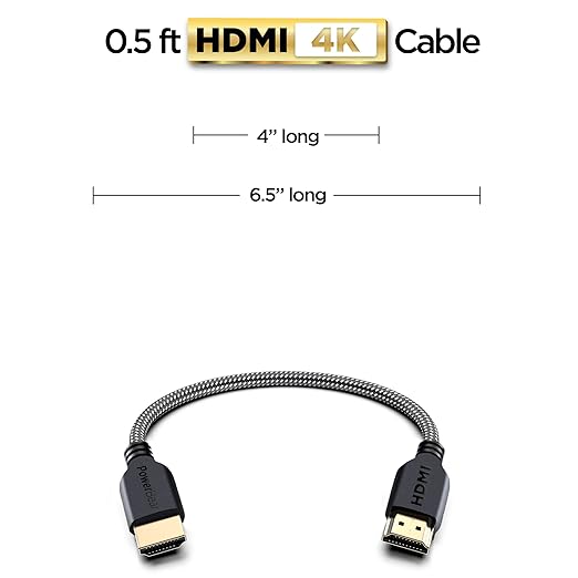 PowerBear 4K HDMI Cable 0.5 ft | Short Hdmi Cable, Braided Nylon & Gold Connectors, 4K @ 60Hz, Ultra HD, 2K, 1080P, ARC & CL3 Rated | for Laptop, Monitor, PS5, PS4, Xbox One, Fire TV, Apple TV & More
