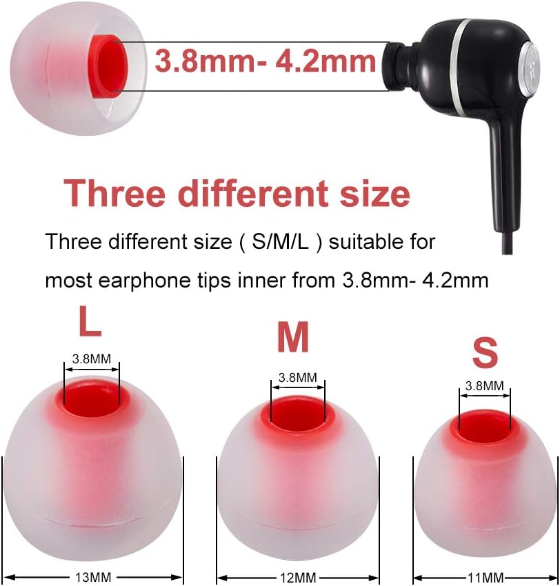 Earbud Tips Soft Silicone Earbuds Replacement Tips Fit for in-Ear Headphones(Inner Hole from 3.8mm - 4.2mm Earphones) 9 Pairs S/M/L,Transparent Red