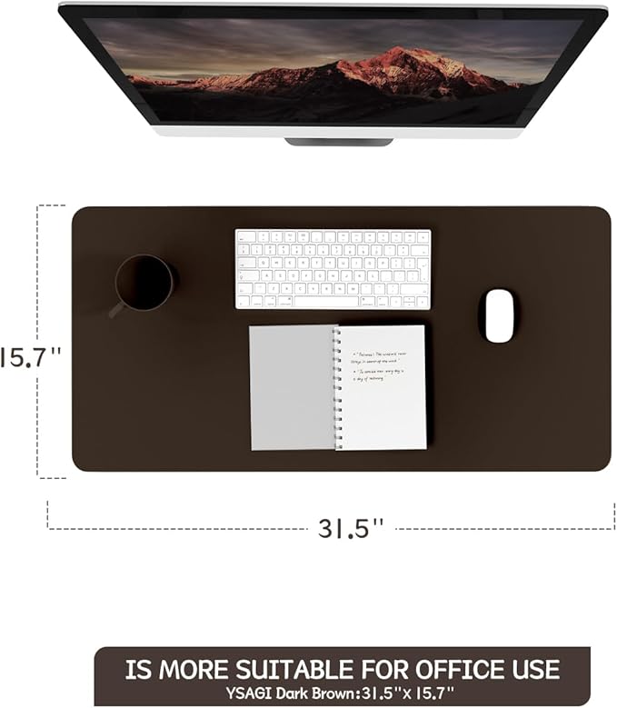 YSAGi Non-Slip Leather Desk Pad, Waterproof Laptop Computer Desk Keyboard Mat, Table Protector Blotter Mat, Large Mouse Pad for Office/Work/Home/Decor(Dark Brown, 31.5" x 15.7")