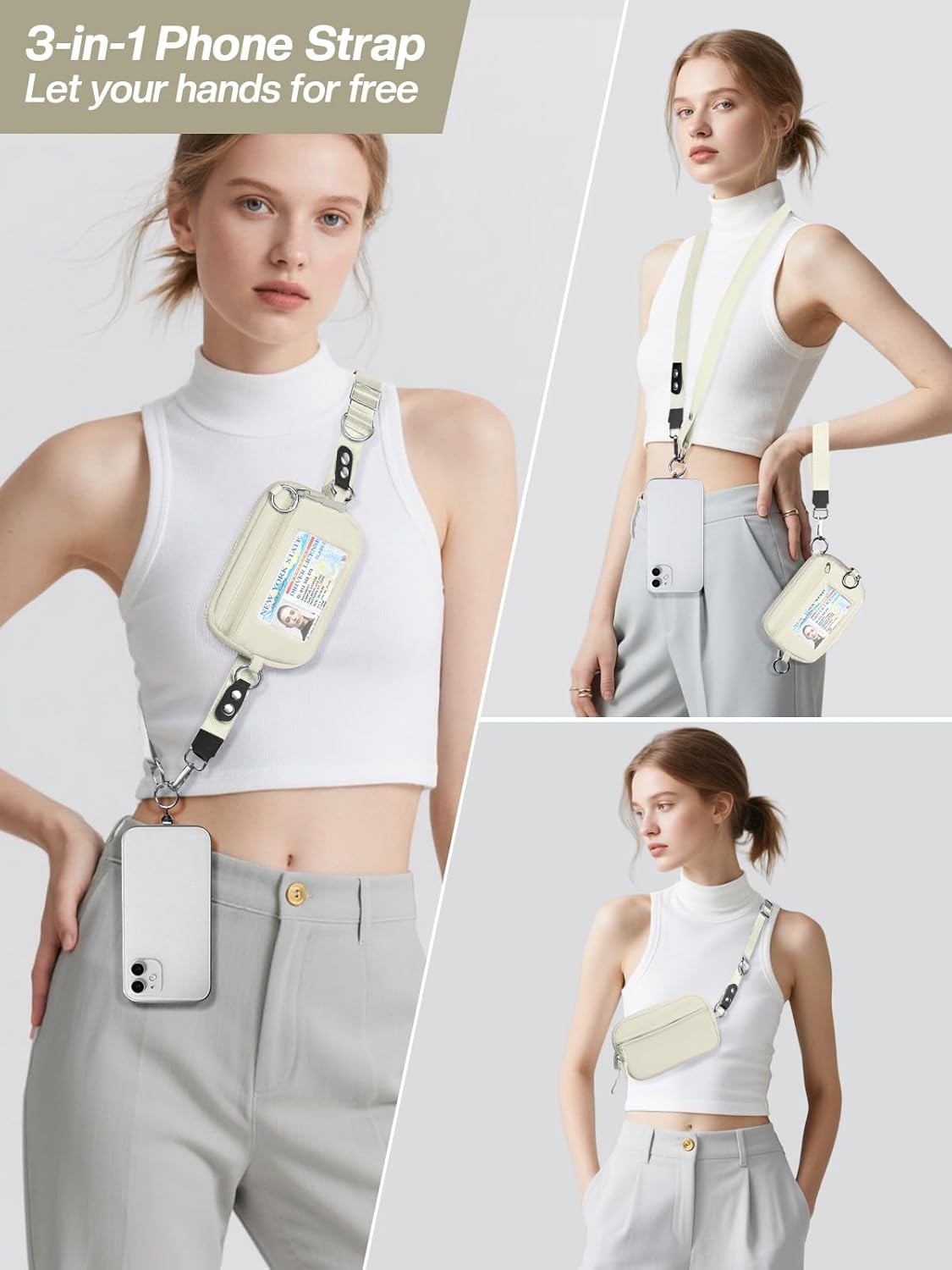 Clip and Go Strap for Phone with Wallet Crossbody Phone Lanyard Adjustable and Detachable RFID Wristlet Wallet with ID Window and Zipper, Beige