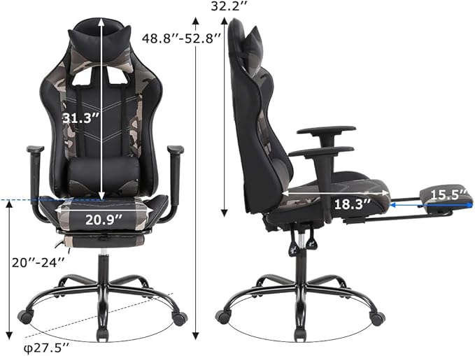 Gaming Chair Video Game Chair with Lumbar Support and Footrest Height Adjustable Ergonomic Computer Gaming Chair with 360° Swivel Seat and Headrest and for Office or Gaming (Camo)