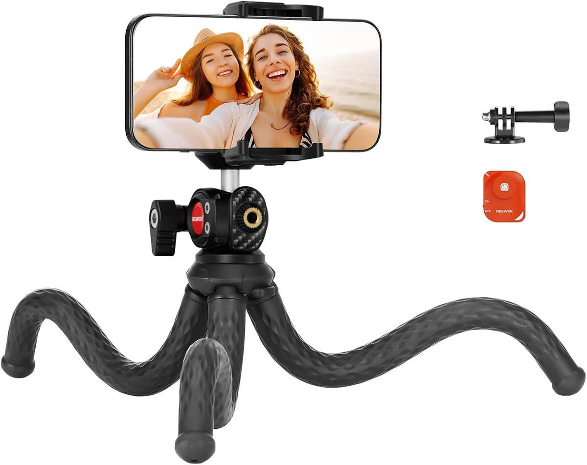 NEEWER Camera Tripod with Remote, Mini Flexible Vlog Phone Tripod Stand with Action Camera Mount Adapter, Hidden Phone Holder & Cold Shoe Compatible with iPhone Hero13 12 11 10 9, Max Load 4.4lb, TP34