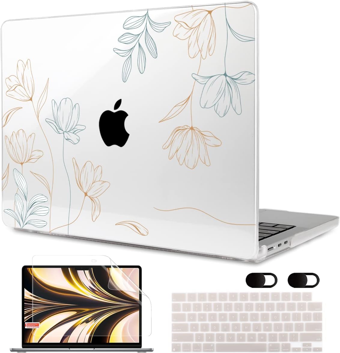MEEgoodo Case for MacBook Air M4/M3/M2 13.6 inch 2025 2024 2022, Fit Model A3240 A3113 A2681, Compatible with MacBook Air 13 inch, Laptop Hard Shell Case with Keyboard Cover, Engraving Floral