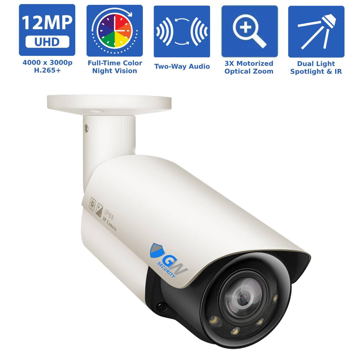 GW Security 8 Channel UltraHD 12MP 6K @ 30FPS Realtime 3X Motorized Zoom PoE Security Camera System with 4 x 12MP IP Two-Way Audio Full-Time Color