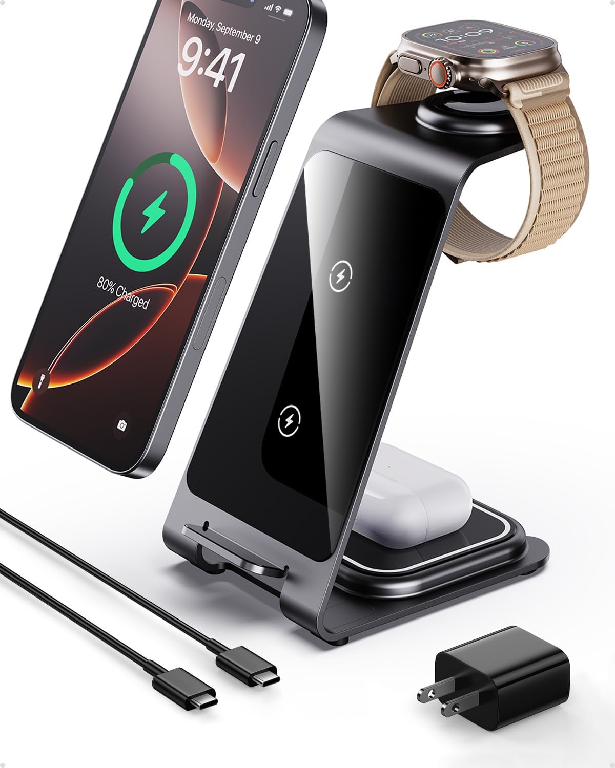 Intoval 3 in 1 Wireless Charging Station for iPhone 16 15 14 13 12 11 X Pro Max, Wireless Charger for Apple Watch 10 Ultra 3 SE 9 8 7 6 5 4 3 2, for AirPods 4 Pro Pro 2 3 (Y93, Grey)