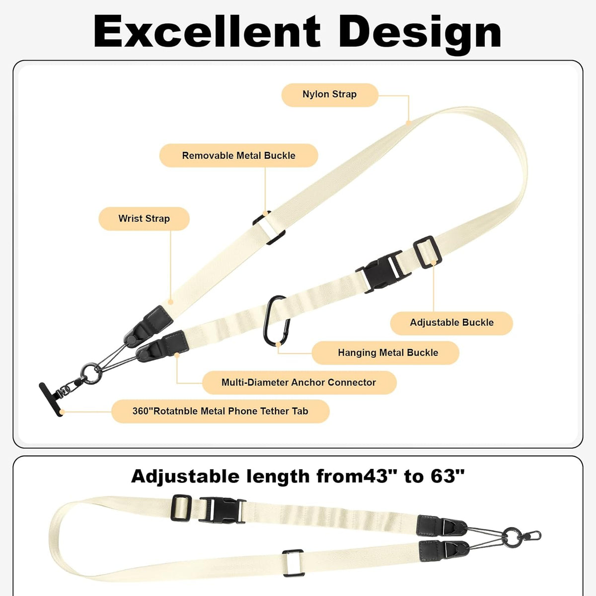 Adjustable Crossbody Phone Lanyard, Universal Phone Wrist Strap and Phone Neck Strap with Tether Tab, Phone Lanyard with Quick Release, Suitable for iPhone and Most Smartphones, Off White