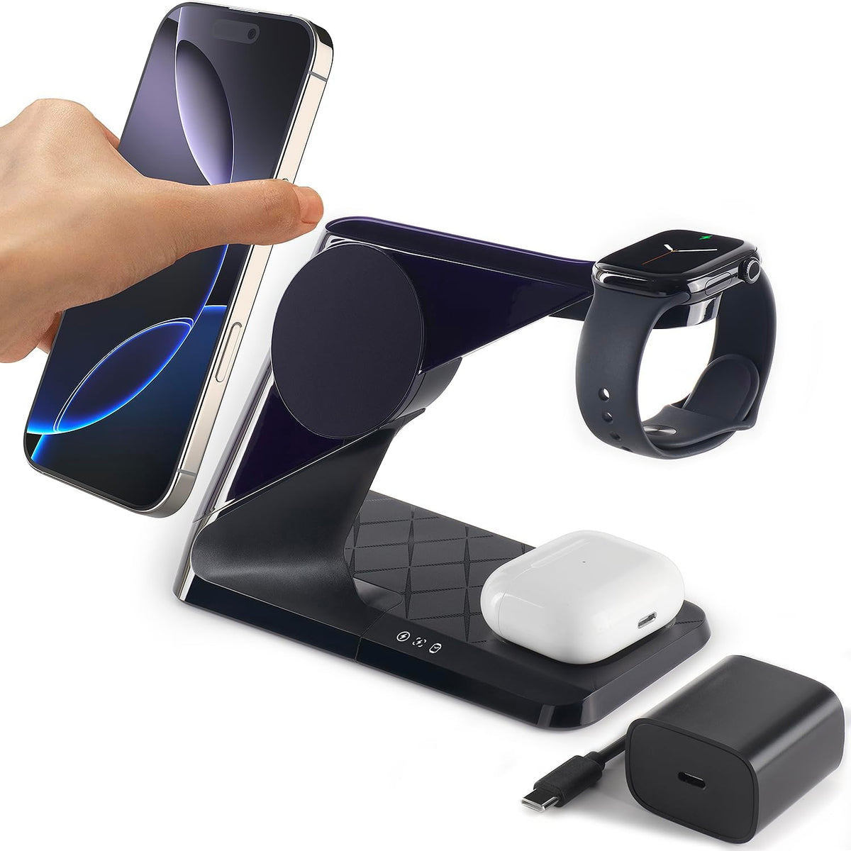 3 in 1 Charging Station for Apple Devices, Mag-Safe Charger Stand, Wireless Charger for iPhone 16/15/14/13/12 Series,& AirPods,& iWatch
