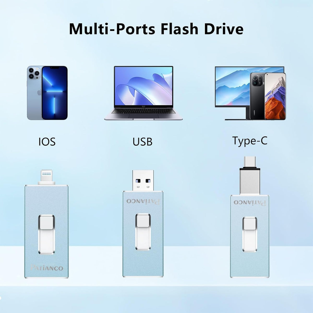 Patianco Apple MFi Certified 512GB iPhone/iPad USB Flash Drive, Lightning Connector, USB 3.0, 100/625 MB/s Read/Write, Portable Photo Stick for iPhone/iPad/Computer, Blue