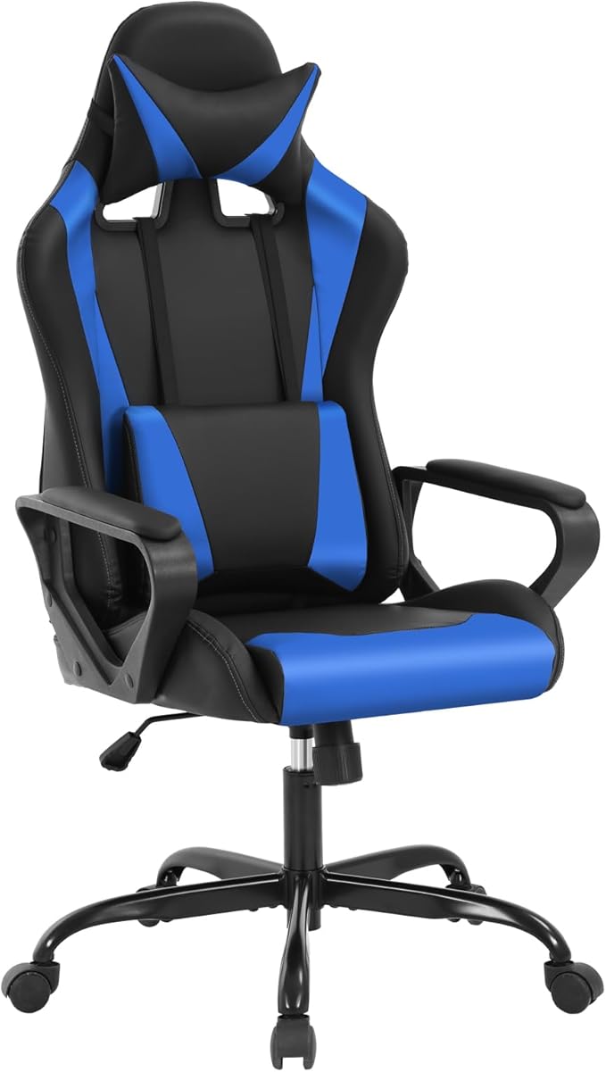 Blue Gaming Chair | Ergonomic High Back Desk Chair Racing Style with Lumbar Support Headrest &amp Arms - Heavy Duty Swivel Computer Chair for Office