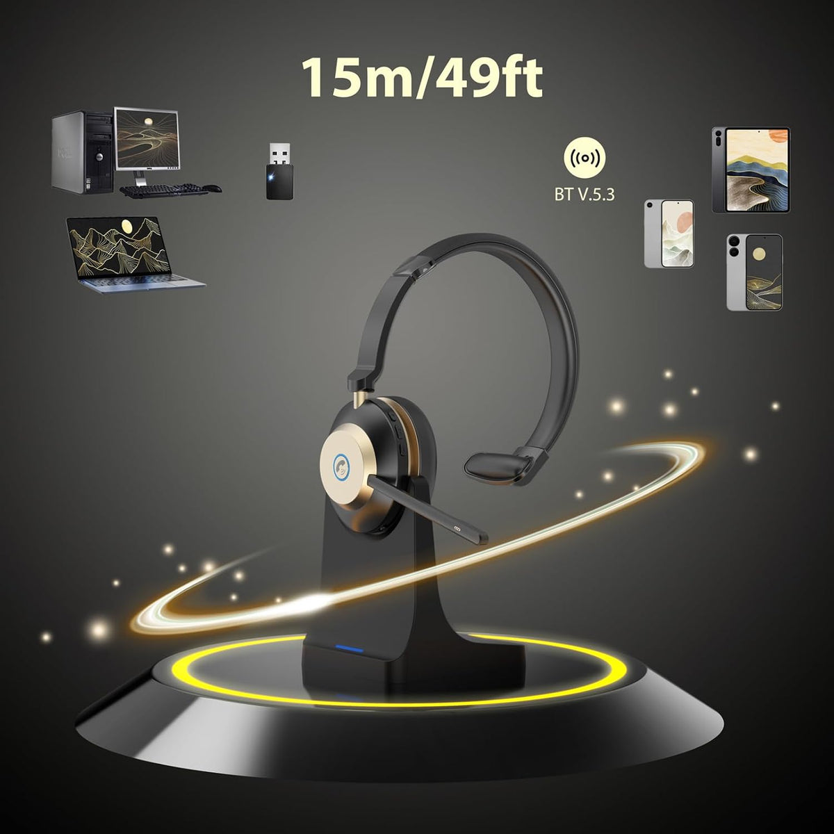 V5.3 Wireless Headset with Mic for Work, 45Hrs Computer Headset with Microphone, Bluetooth Headphones with Noise Cancelling Mic, Charging Base, USB Dongle & Mute Button for PC, Skype, Zoom
