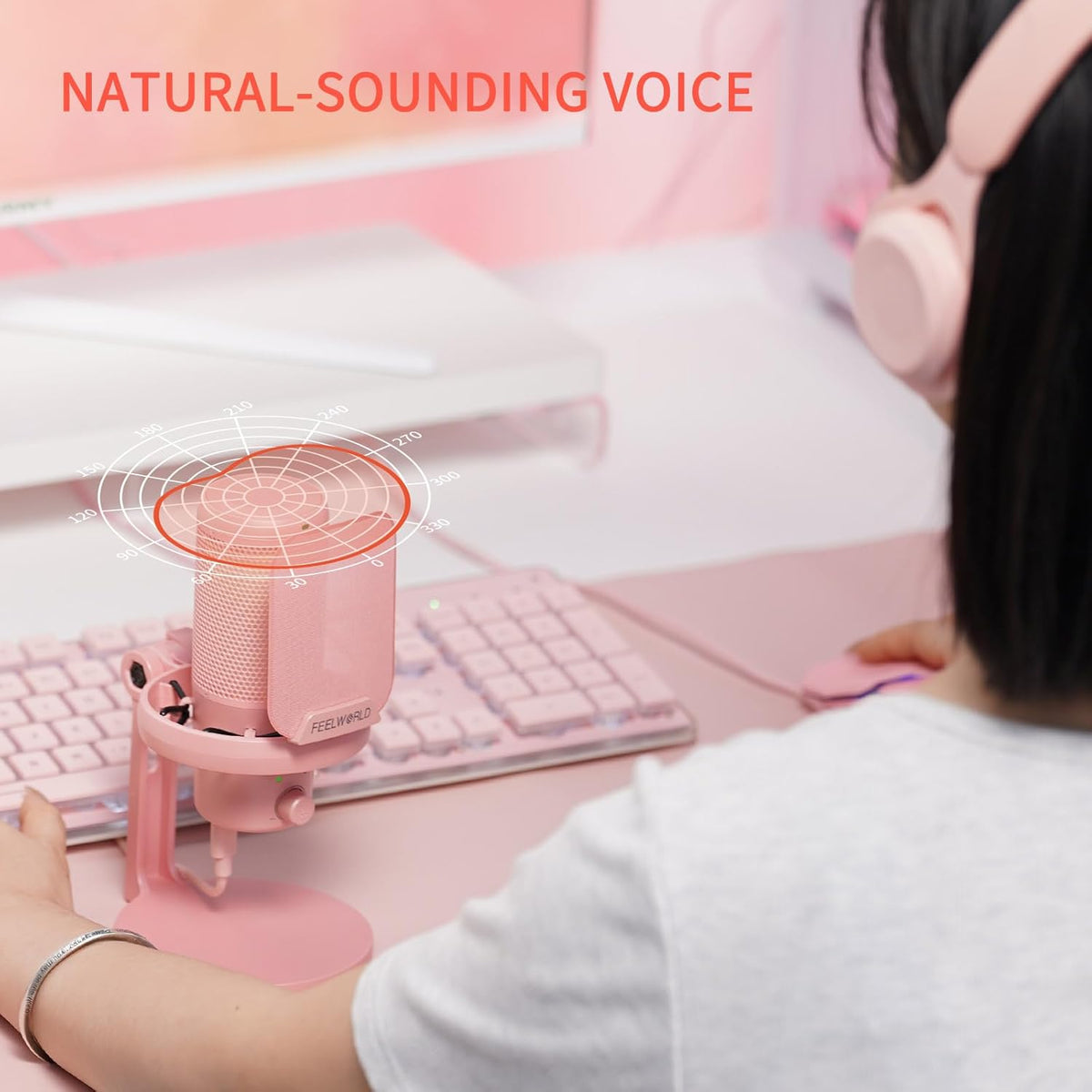 FEELWORLD VM1 Pink Gaming PC USB Microphone Condenser Mic with Noise Cancellation Mute RGB Light, Computer Accessories Gifts for Gamer YouTube Twitch Podcast Streaming Recording Online Chat PS4 PS5
