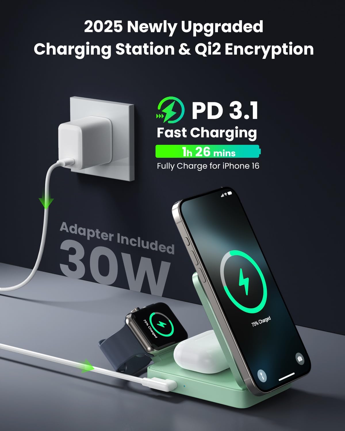 3-in-1 Wireless Charger Charging Station for iPhone, Qi2 Certified 15W Fast Charging Foldable Magnetic Charger Stand with 30W USB C Adapter for MagSafe iPhone 16/15/14/13/12, Apple Watch, AirPods