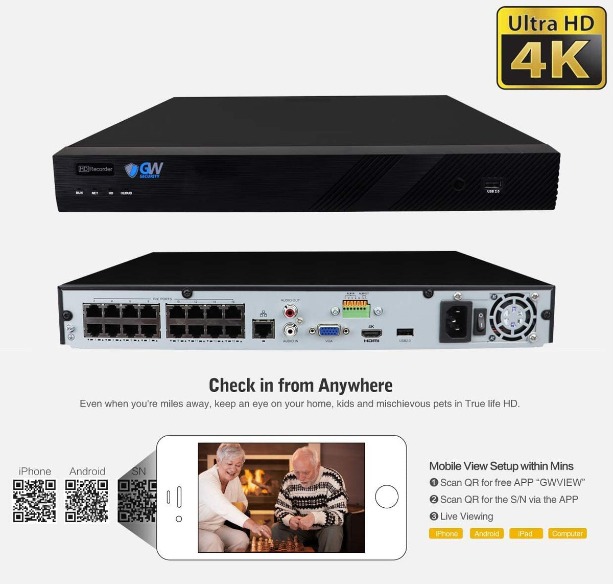 Camstar GW Security 16 Channel 4K 8MP NVR Video Recorder Alone