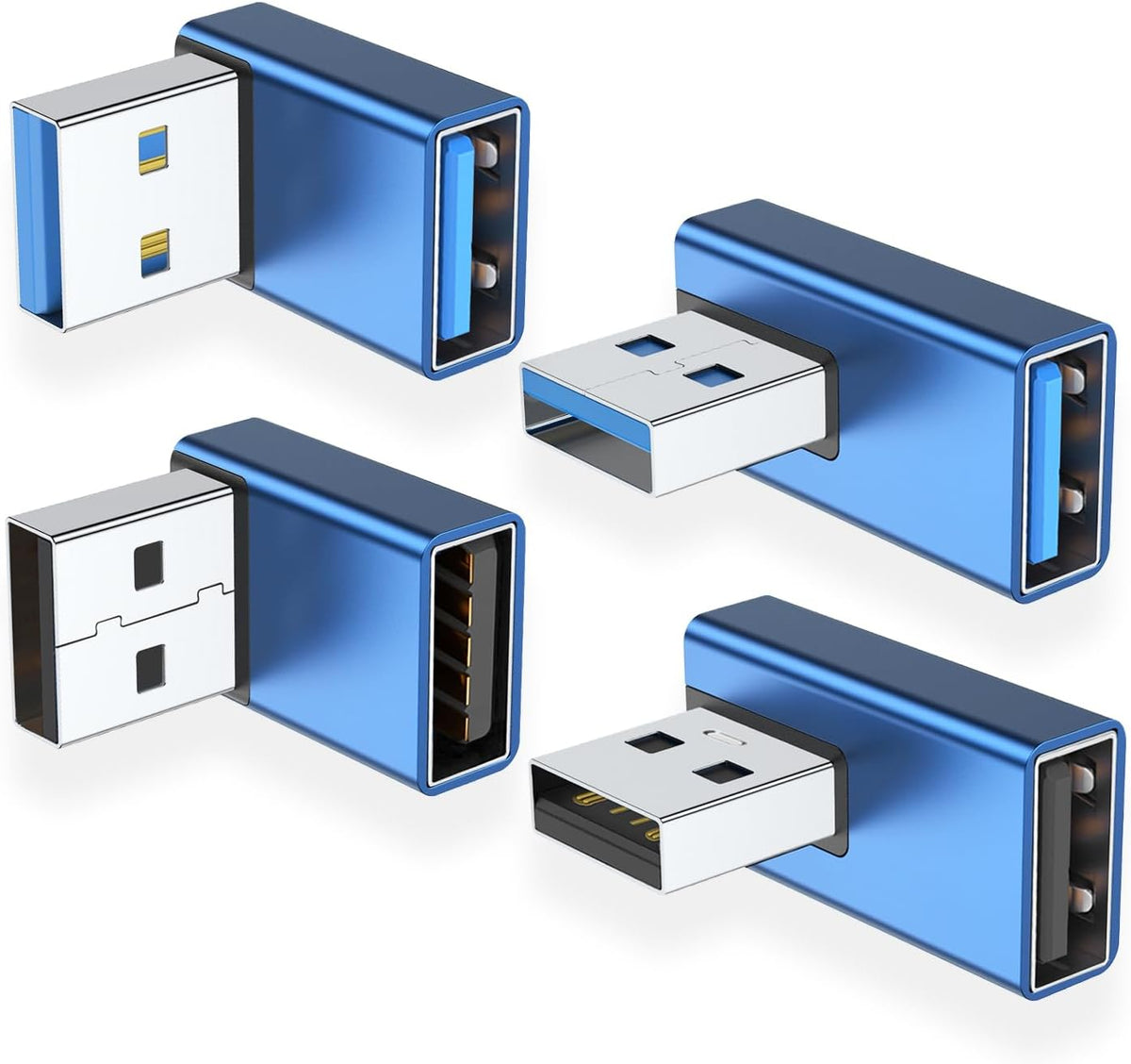 AreMe 90 Degree USB 3.0 Adapter 4 Pack, Up and Down Angle, Left and Right Angle USB A Male to Female Converter Extender for PC, Laptop, USB A Charger, Power Bank and More (Blue)