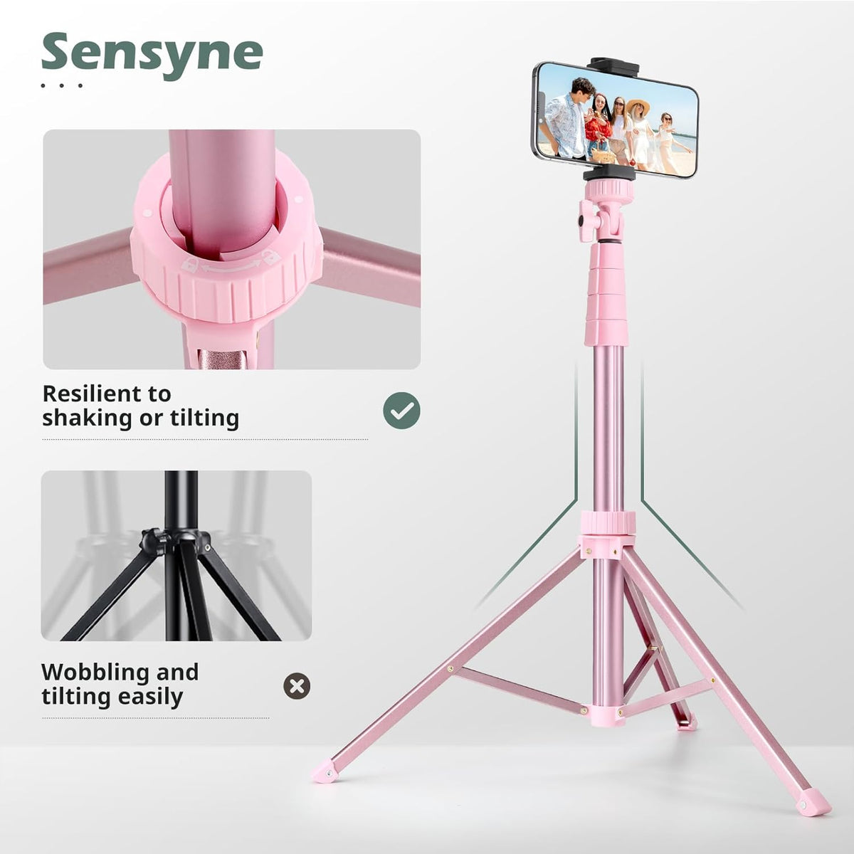 SENSYNE 72" Phone Tripod & Selfie Stick, Extendable Cell Phone Tripod Stand with Wireless Remote and Phone Holder, Compatible with iPhone Android Phone, Camera, Pink