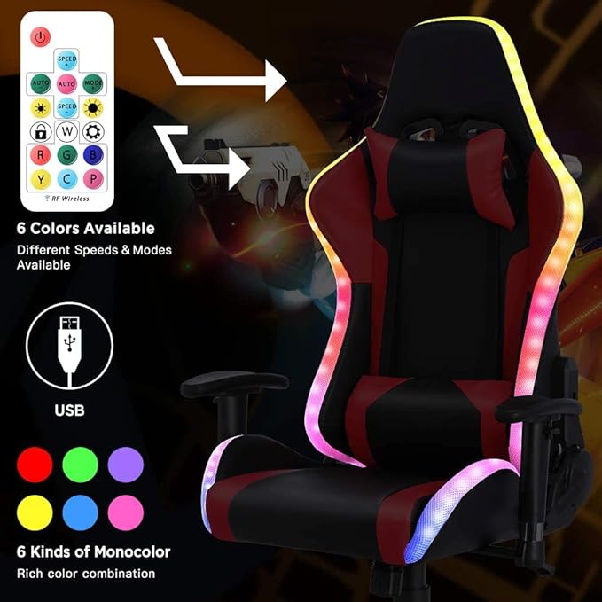 Gaming Chair with LED RGB Lights with Massage and Footrest Ergonomic Computer Chair High Back Video Game Chair with Adjustable Lumbar Support Linkage ArmrestRed