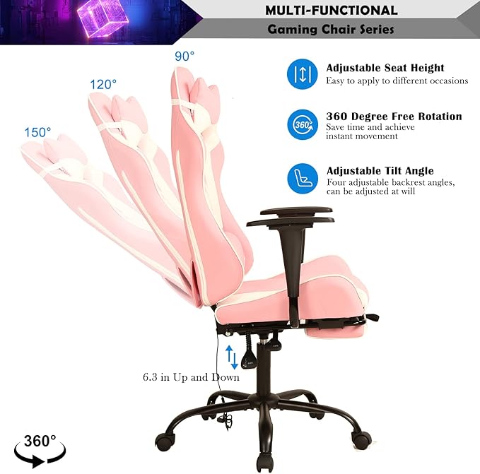 Pink Gaming Chair with Footrest Big and Tall Gaming Chairs for Adults Leather Computer Desk Chair for High Back Height Adjustable Reclining Gamer Chair with 360° Swivel Wheels &amp Lumbar Support