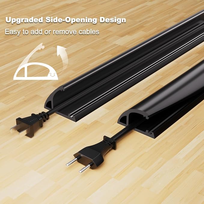 Kneelisa 10FT Side-Open Extension Cord Covers for Wires on Floor,Silicone Power Cable Protector Cord Hider Management Strip,Hide Electric Wire on Carpet,Chord Runner Protective Safety,Black
