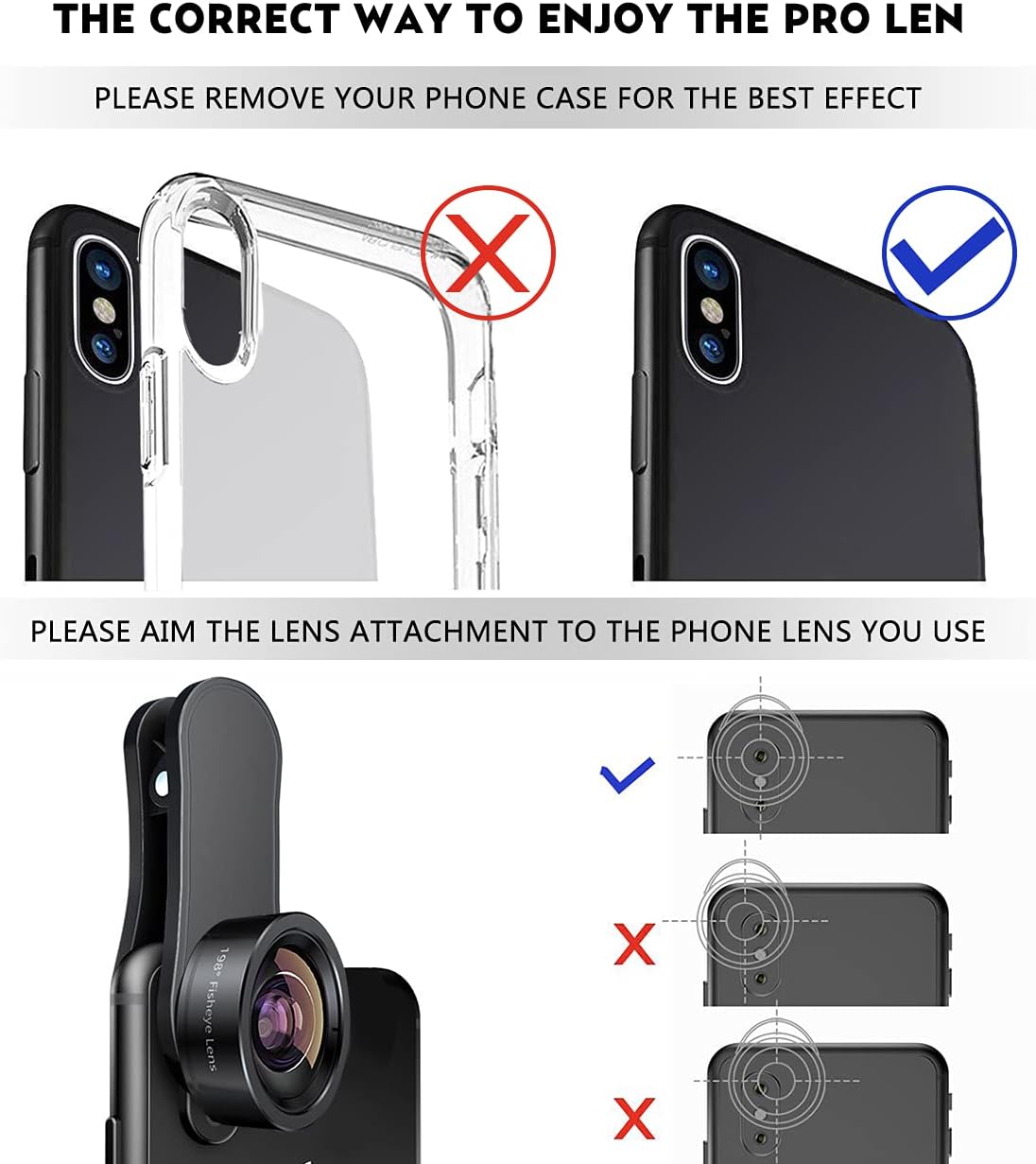 KEYWING Fisheye Lens 198° Fish Eye Phone Camera Lens Kit for iPhone Fish Bowl Camera Lens Attachments for iPhone 7 8 x xr 11 12 13 pro max Samsung Smartphone Black
