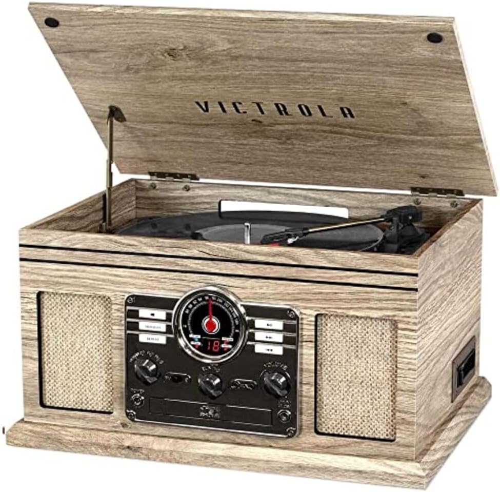 Victrola The Quincy 6-in-1 Bluetooth Record Player & Multimedia Center with Built-in Speakers – 3-Speed Turntable, CD & Cassette Player, AM/FM Radio, Wireless Music Streaming (Farmhouse Oatmeal)