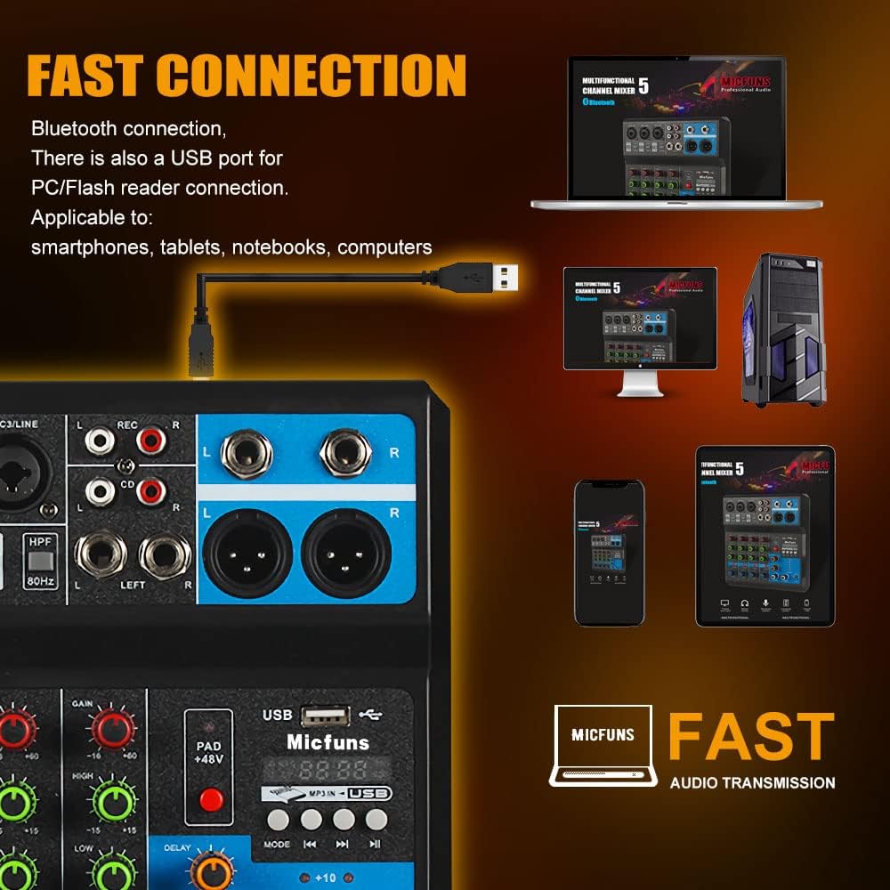 Mini audio DJ mixer Sound Board Console System,5 Channel 48V Phantom Power with Bluetooth USB MP3 Stereo live DJ Studio Streaming for professional recording party KTV stage