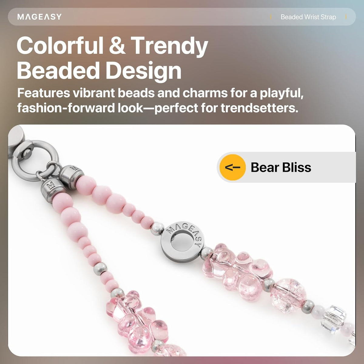 MAGEASY Beaded Phone Charm for Women - Cell Phone Wrist Strap with Teather Tab, Designed for iPhone & Android Phones, Keychain, Camera - Bear Bliss with Lobster Hooks (Double Hooks)